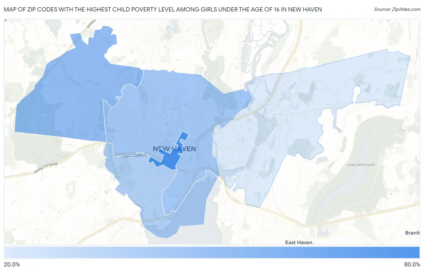 Zip Codes with the Highest Child Poverty Level Among Girls Under the Age of 16 in New Haven Map