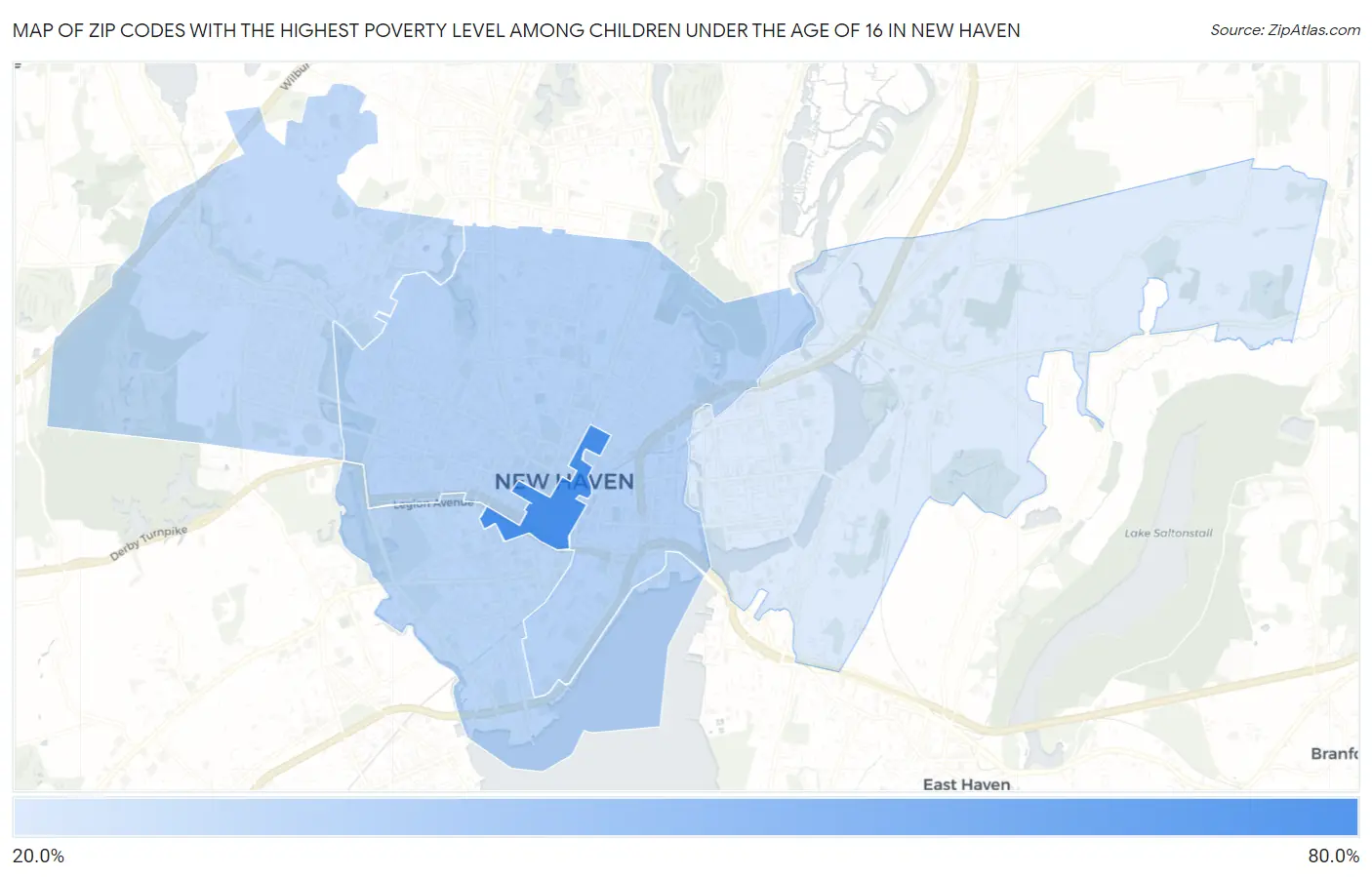 Zip Codes with the Highest Poverty Level Among Children Under the Age of 16 in New Haven Map