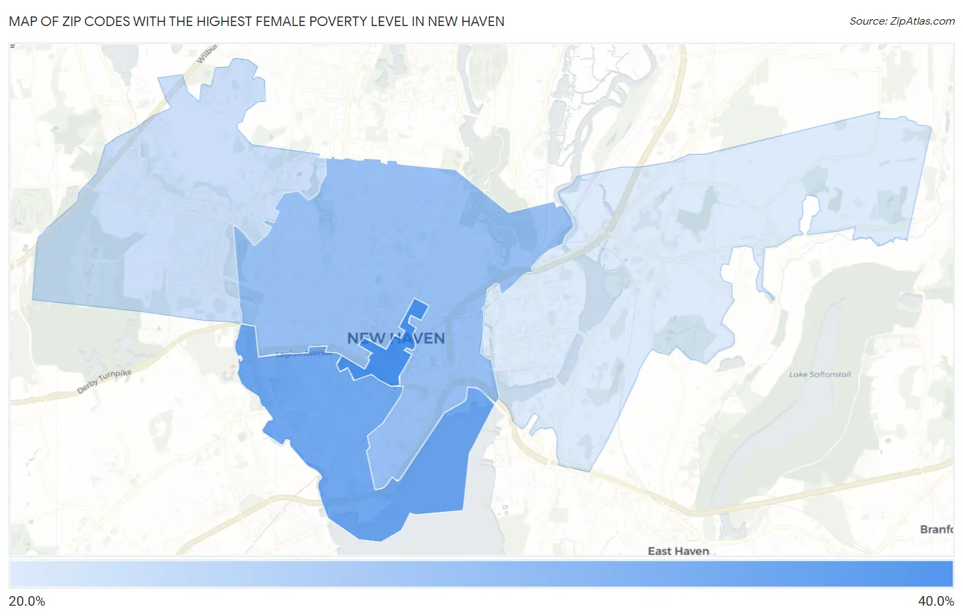 Zip Codes with the Highest Female Poverty Level in New Haven Map
