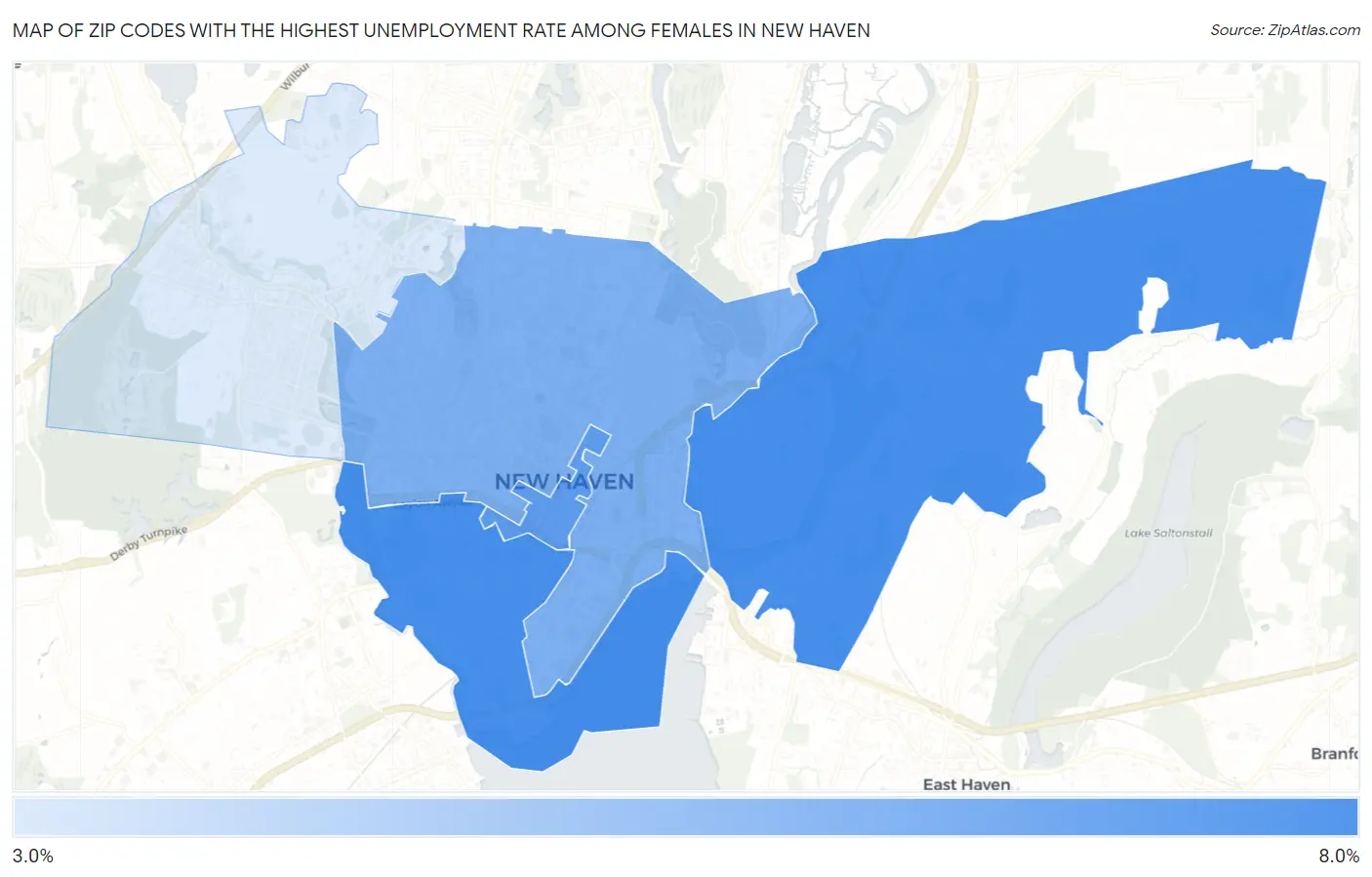 Zip Codes with the Highest Unemployment Rate Among Females in New Haven Map