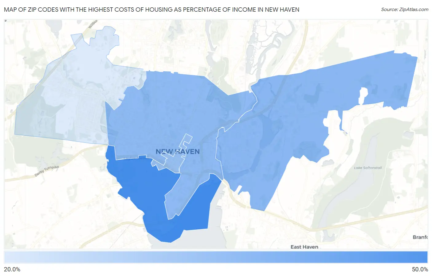 Zip Codes with the Highest Costs of Housing as Percentage of Income in New Haven Map