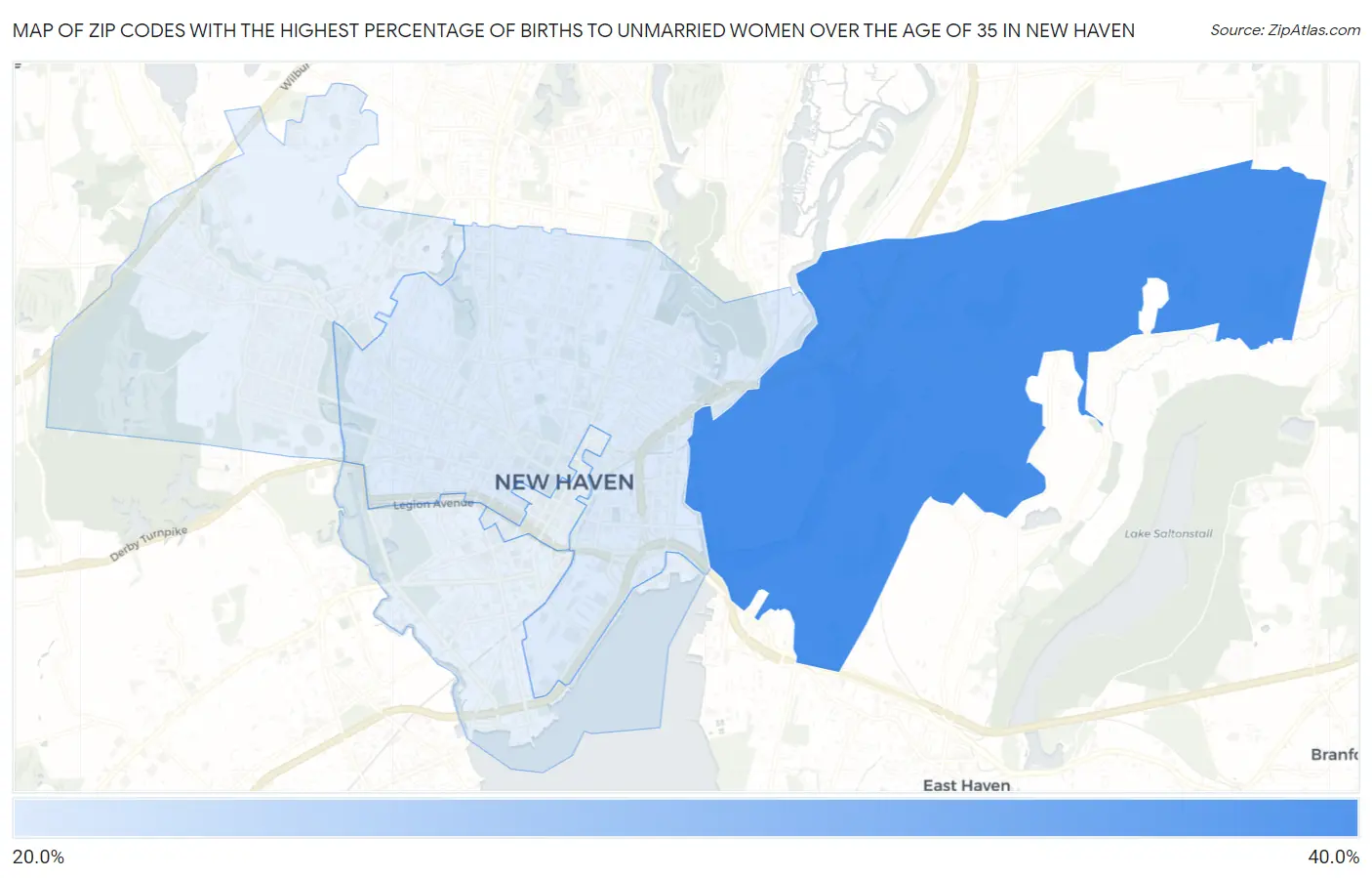 Zip Codes with the Highest Percentage of Births to Unmarried Women over the Age of 35 in New Haven Map