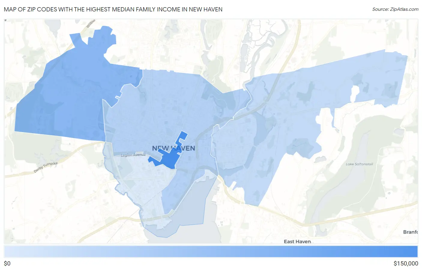 Zip Codes with the Highest Median Family Income in New Haven Map