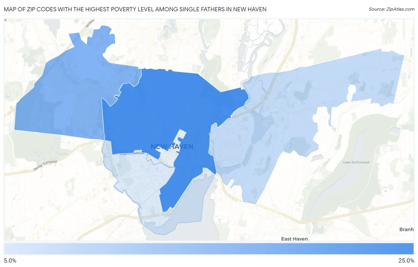 Zip Codes with the Highest Poverty Level Among Single Fathers in New Haven Map