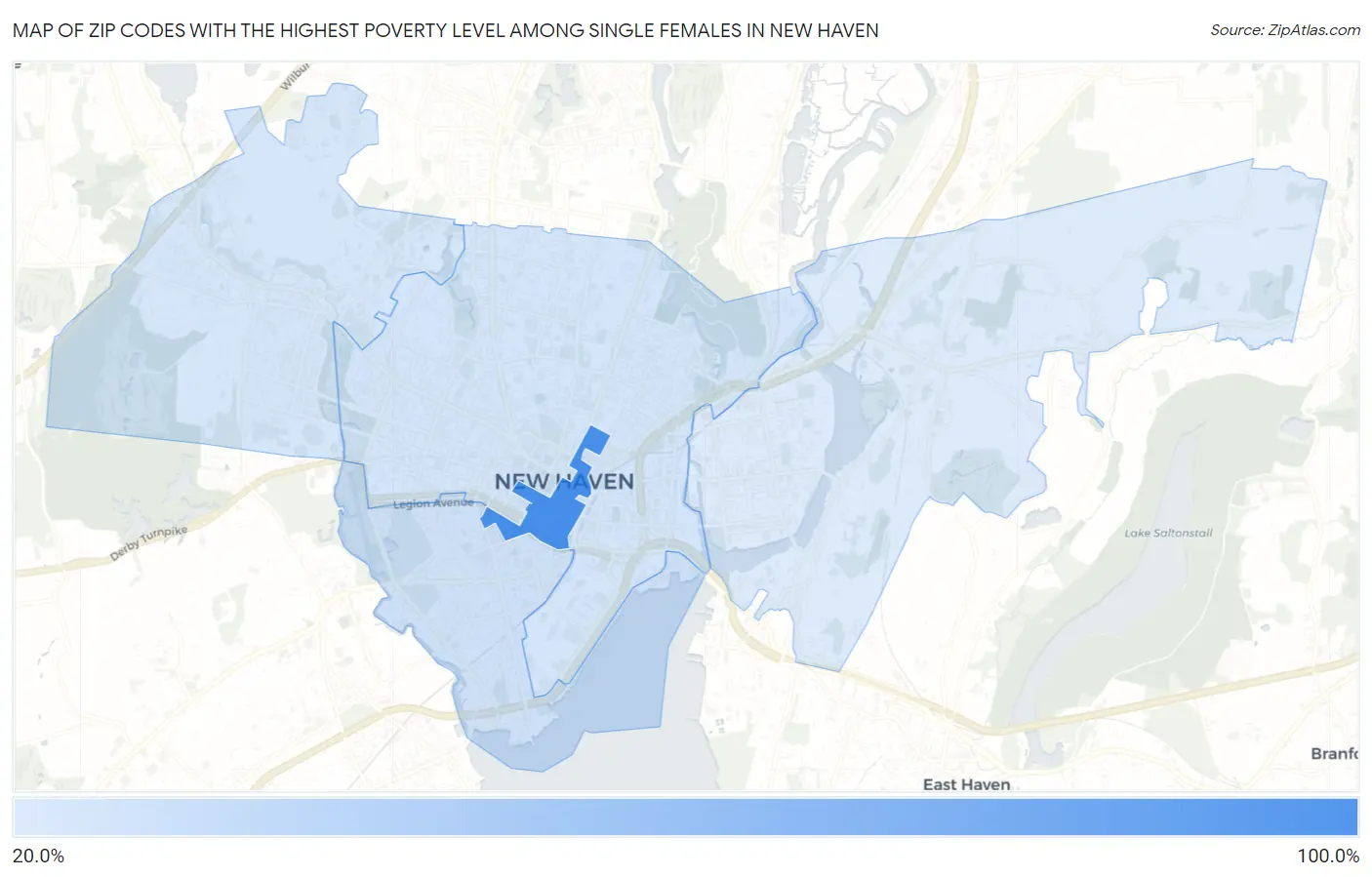 Zip Codes with the Highest Poverty Level Among Single Females in New Haven Map