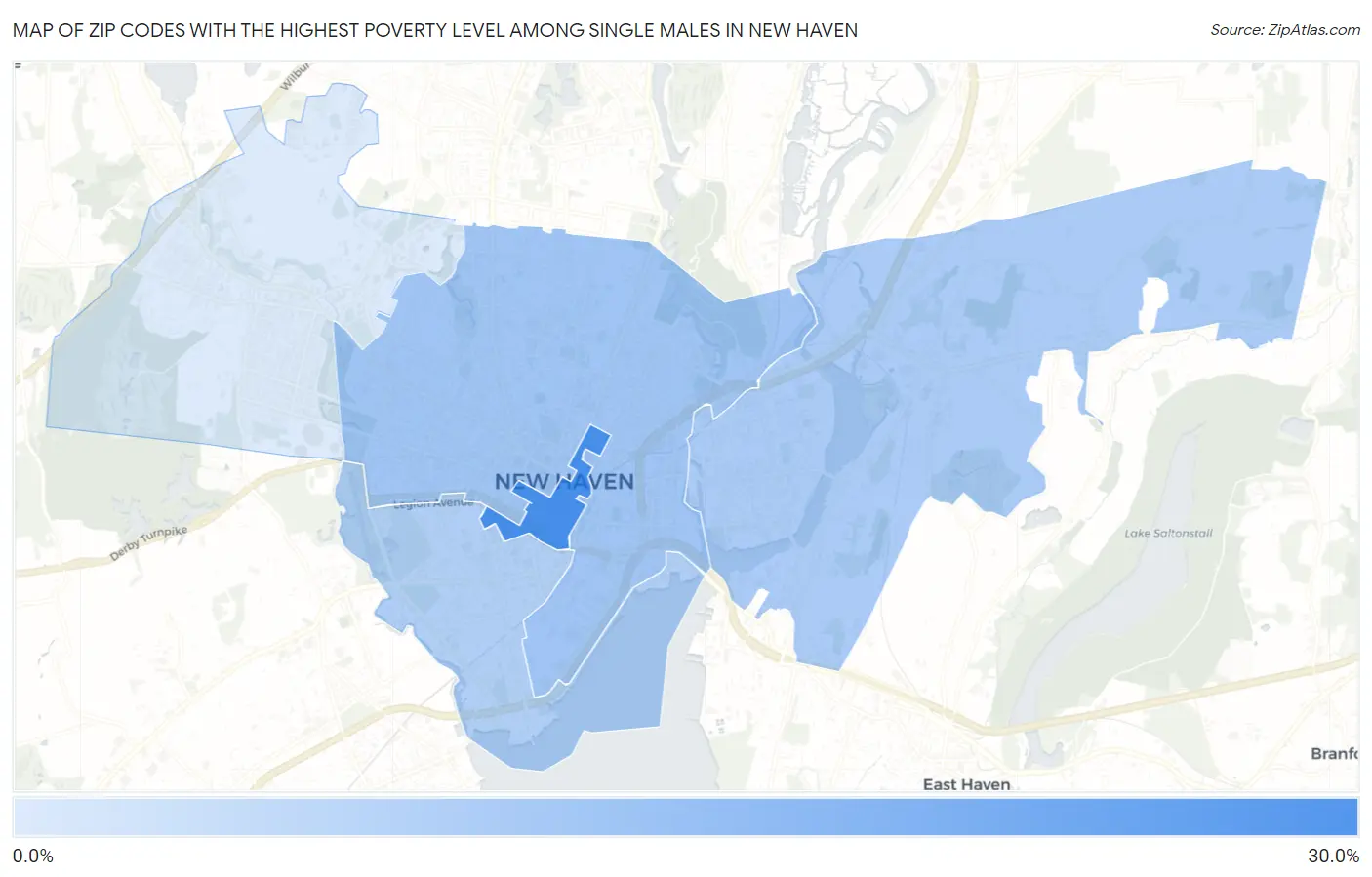 Zip Codes with the Highest Poverty Level Among Single Males in New Haven Map