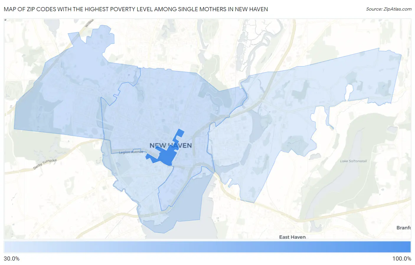 Zip Codes with the Highest Poverty Level Among Single Mothers in New Haven Map