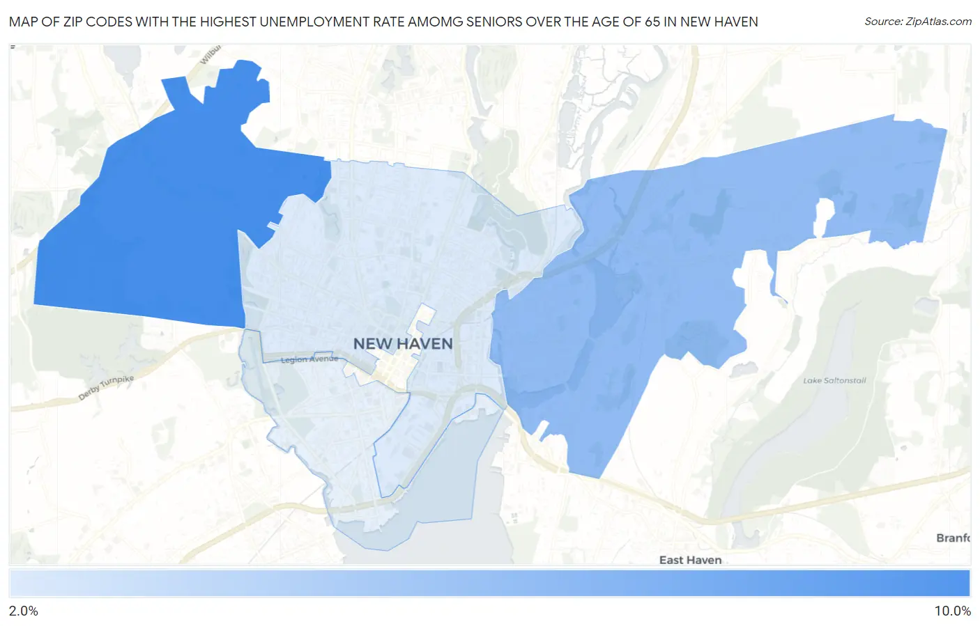 Zip Codes with the Highest Unemployment Rate Amomg Seniors Over the Age of 65 in New Haven Map