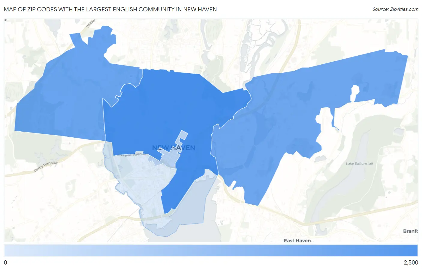 Zip Codes with the Largest English Community in New Haven Map