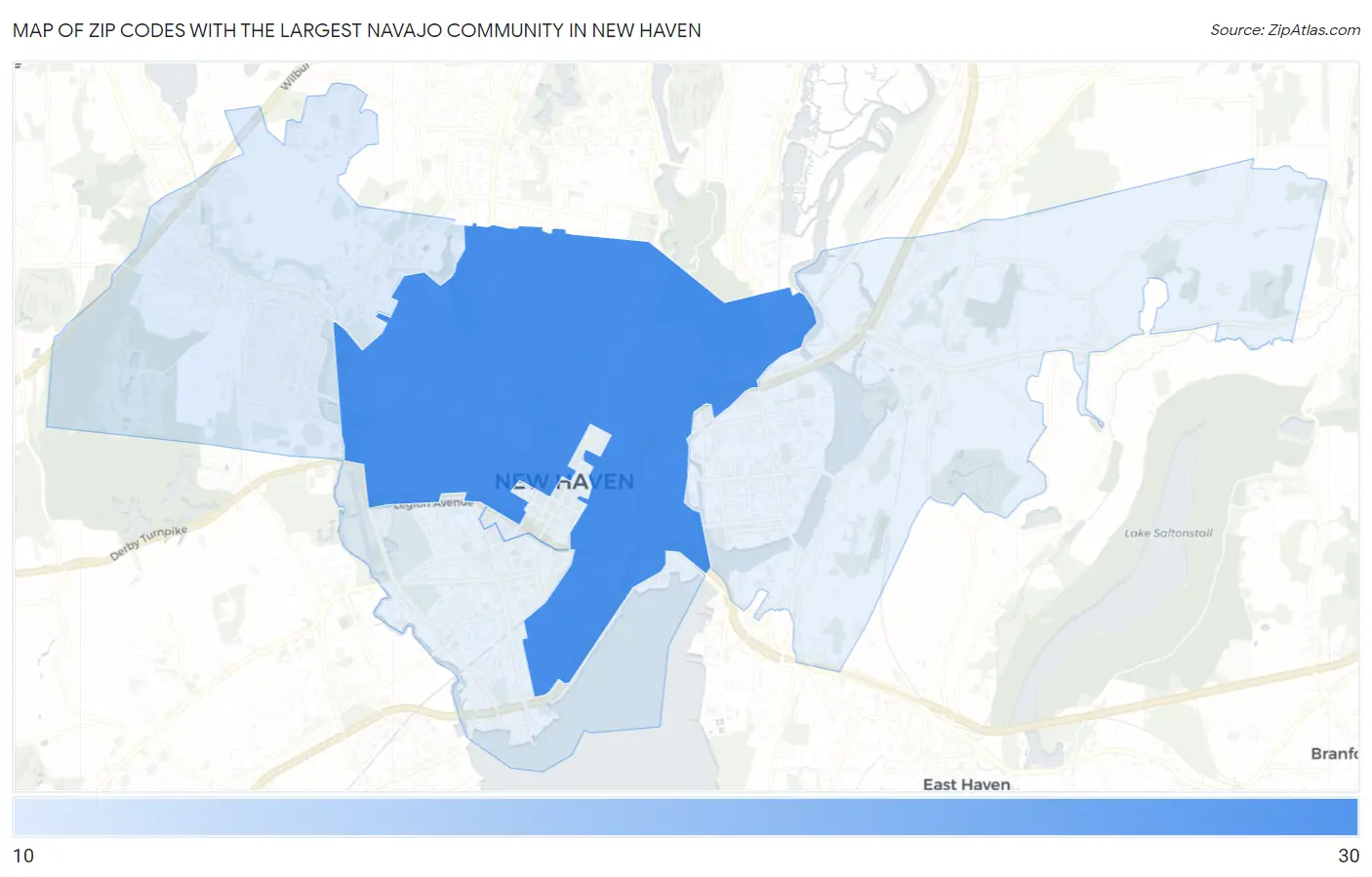 Zip Codes with the Largest Navajo Community in New Haven Map