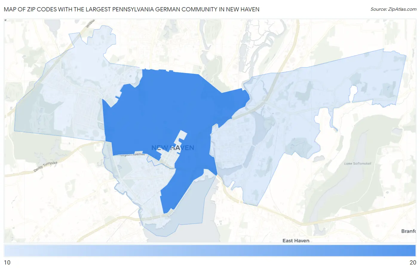 Zip Codes with the Largest Pennsylvania German Community in New Haven Map