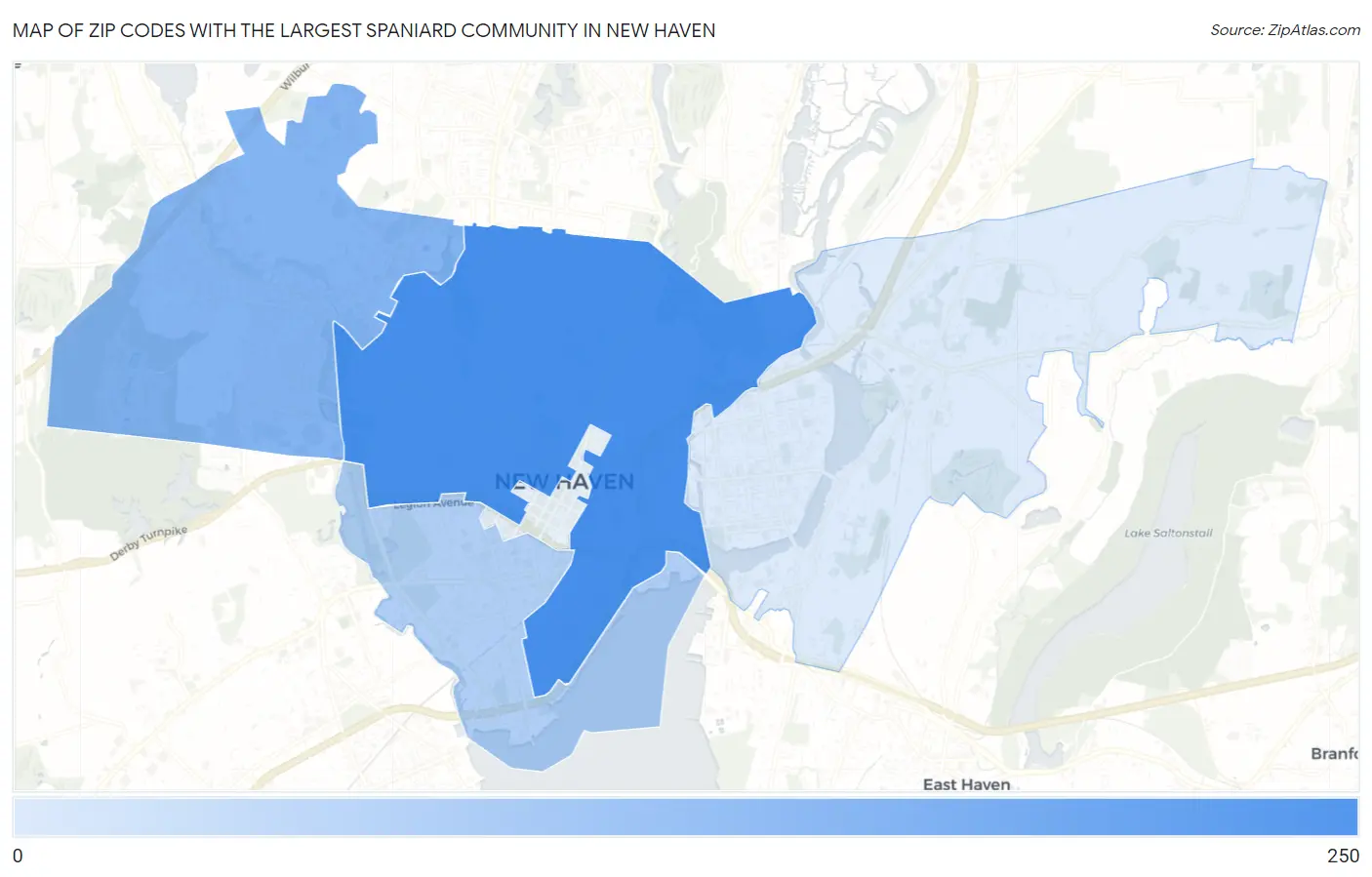 Zip Codes with the Largest Spaniard Community in New Haven Map