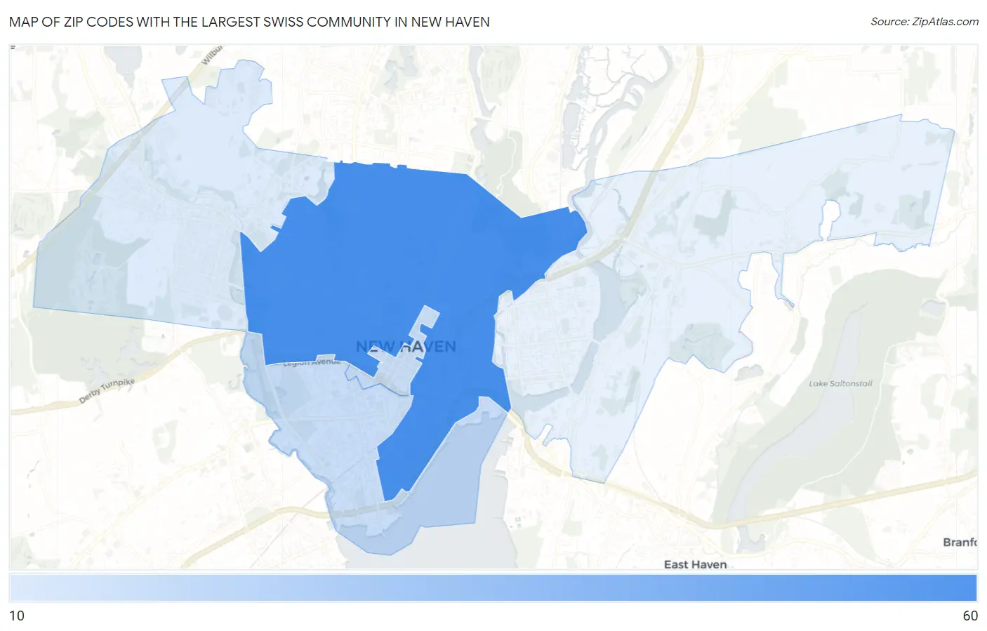 Zip Codes with the Largest Swiss Community in New Haven Map