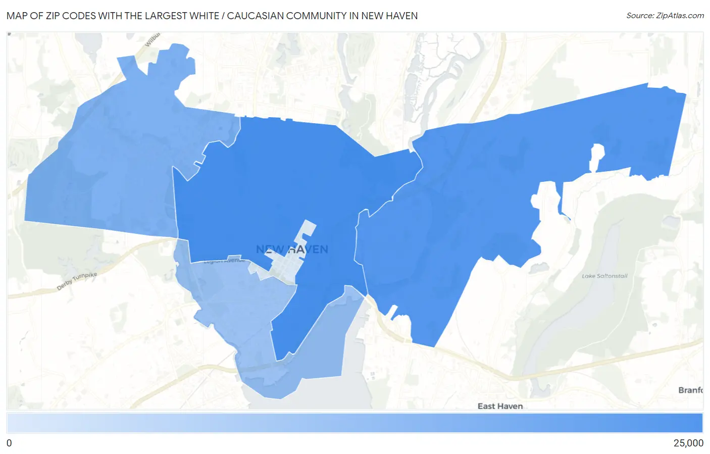 Zip Codes with the Largest White / Caucasian Community in New Haven Map