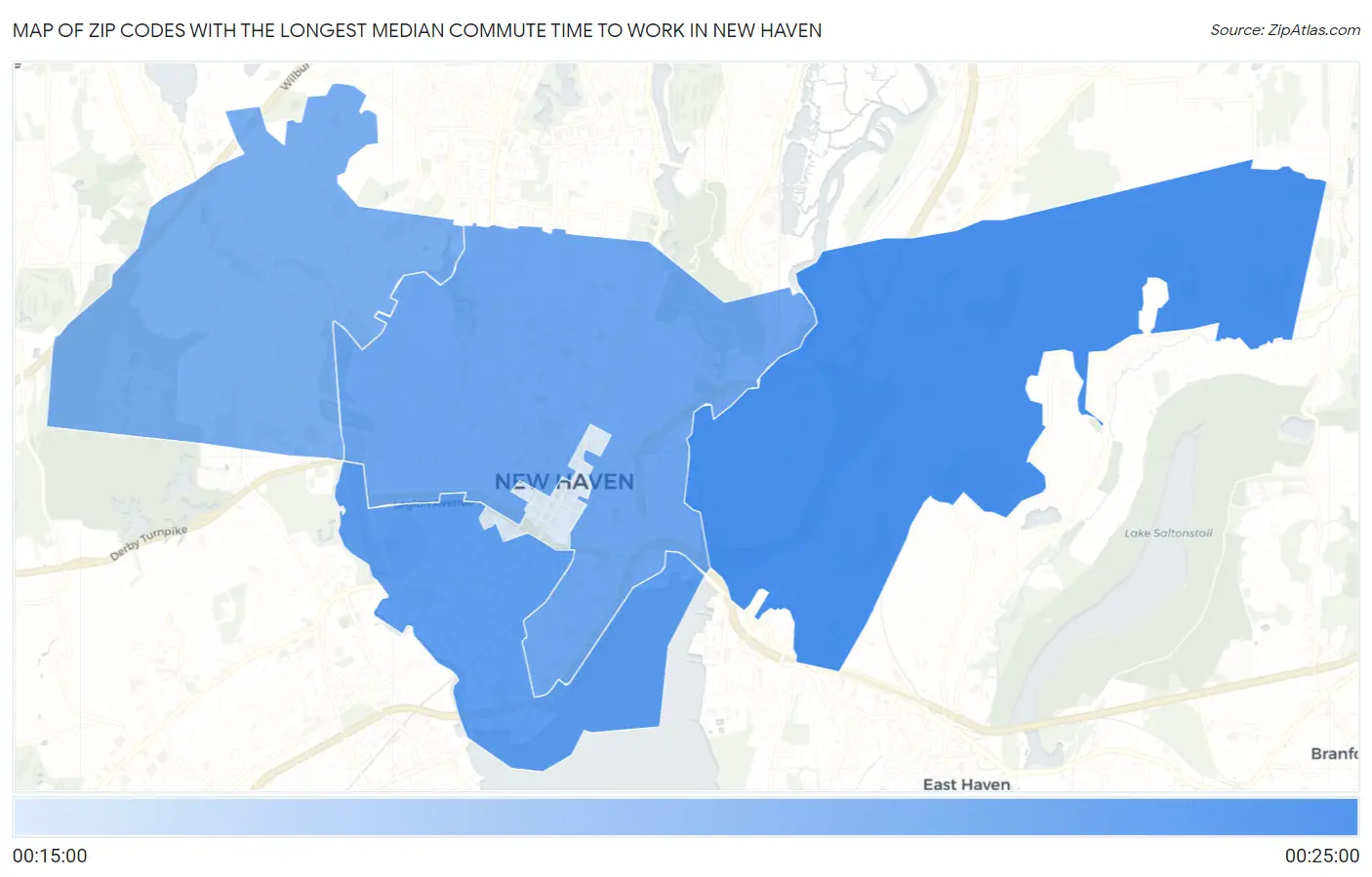 Zip Codes with the Longest Median Commute Time to Work in New Haven Map
