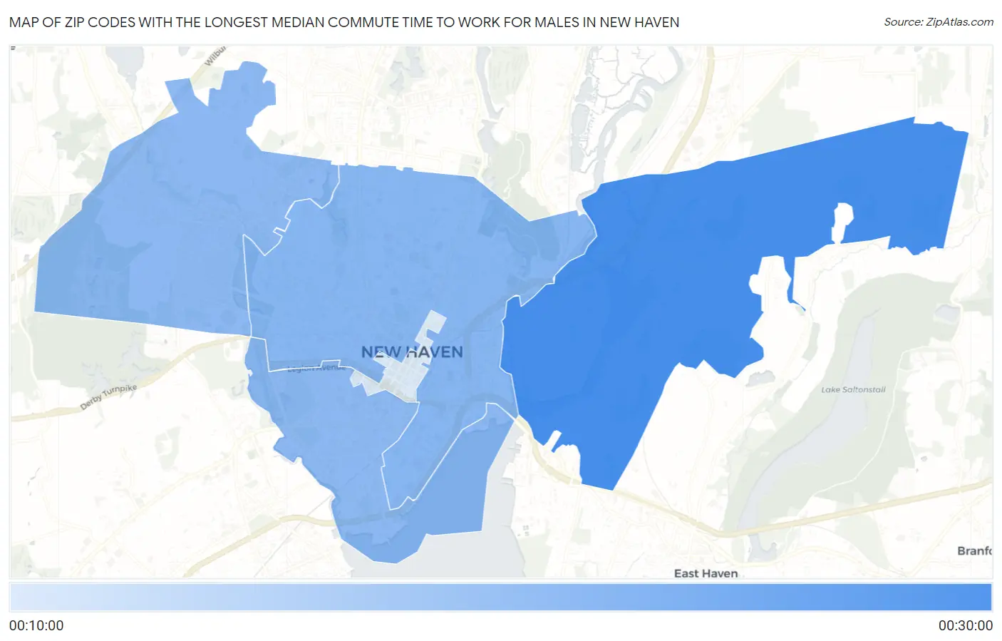 Zip Codes with the Longest Median Commute Time to Work for Males in New Haven Map