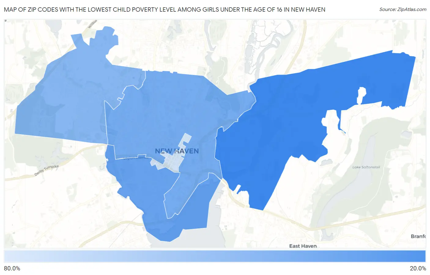 Zip Codes with the Lowest Child Poverty Level Among Girls Under the Age of 16 in New Haven Map