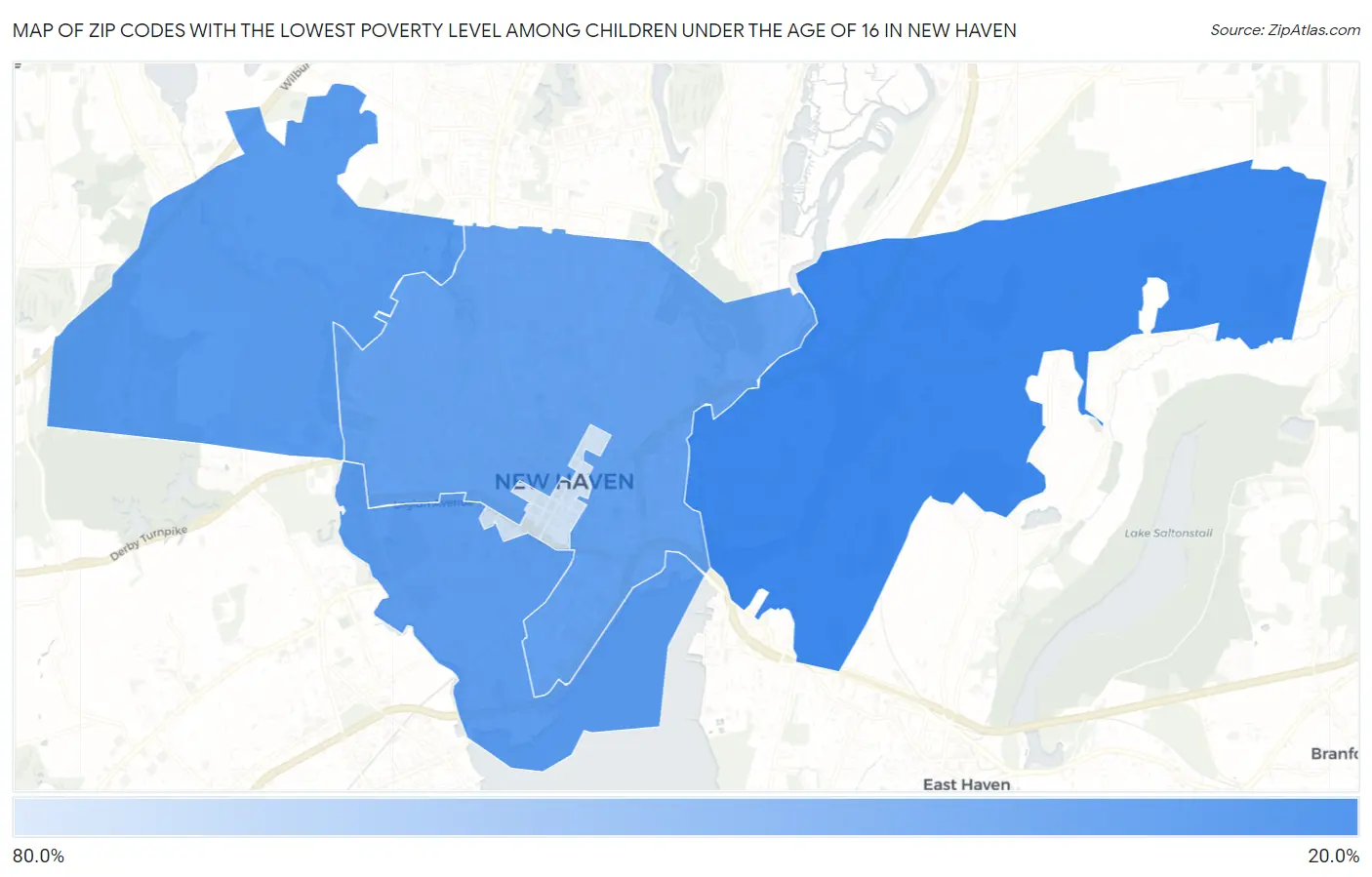 Zip Codes with the Lowest Poverty Level Among Children Under the Age of 16 in New Haven Map