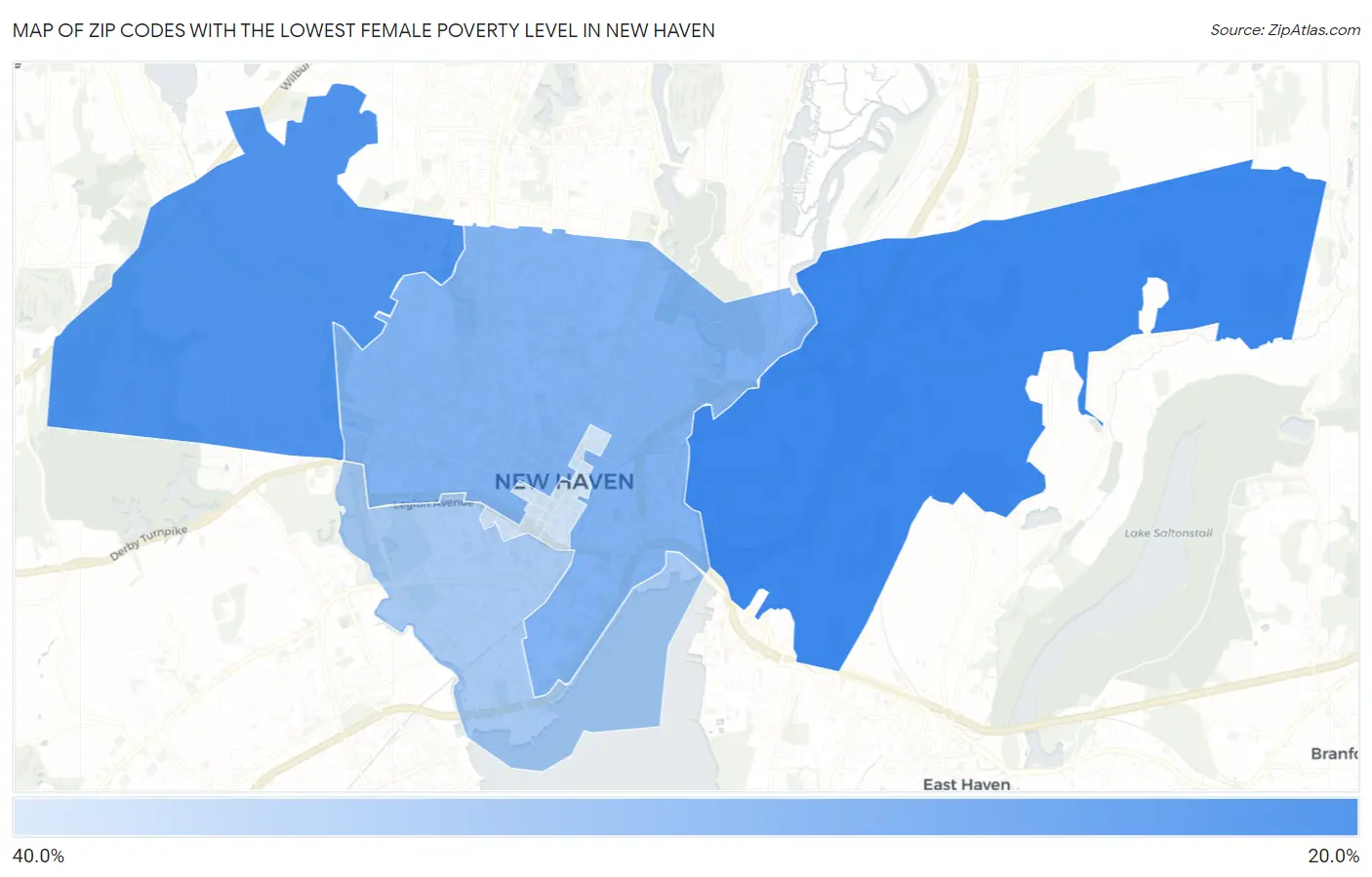Zip Codes with the Lowest Female Poverty Level in New Haven Map