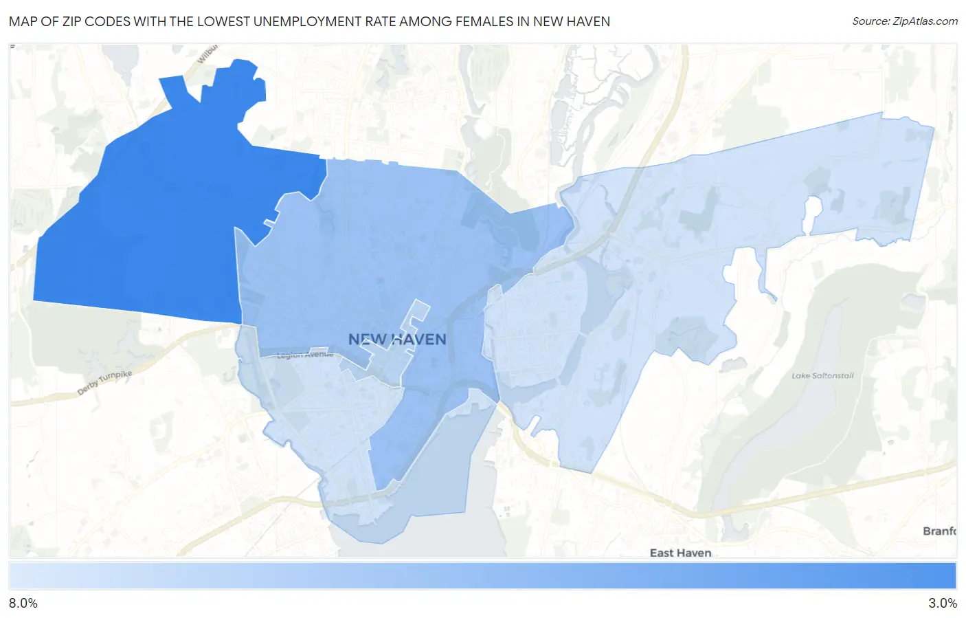 Zip Codes with the Lowest Unemployment Rate Among Females in New Haven Map