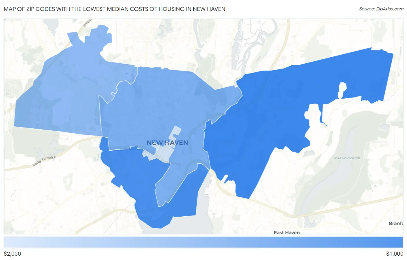 Zip Codes with the Lowest Median Costs of Housing in New Haven Map