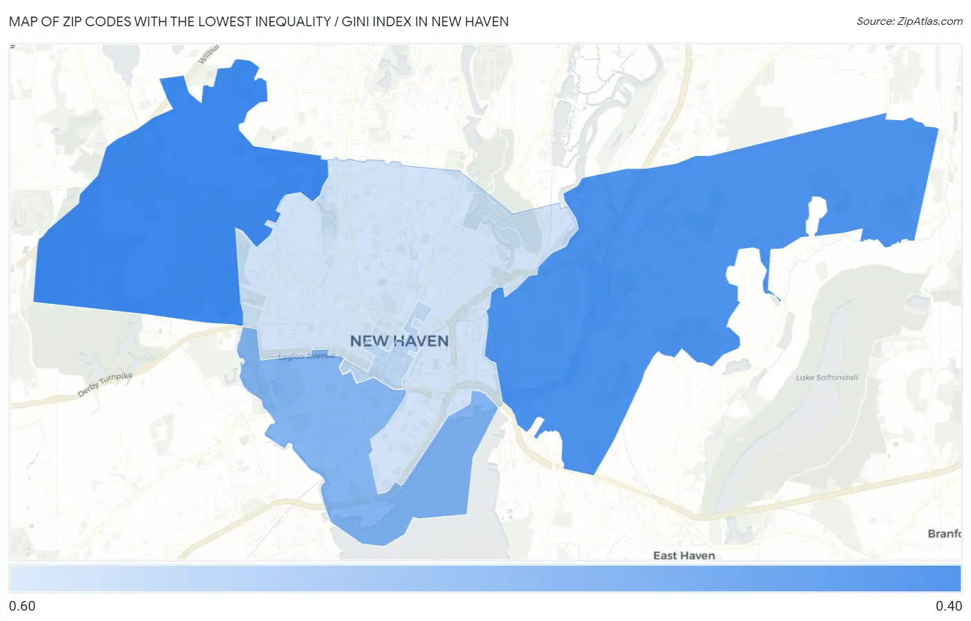 Zip Codes with the Lowest Inequality / Gini Index in New Haven Map
