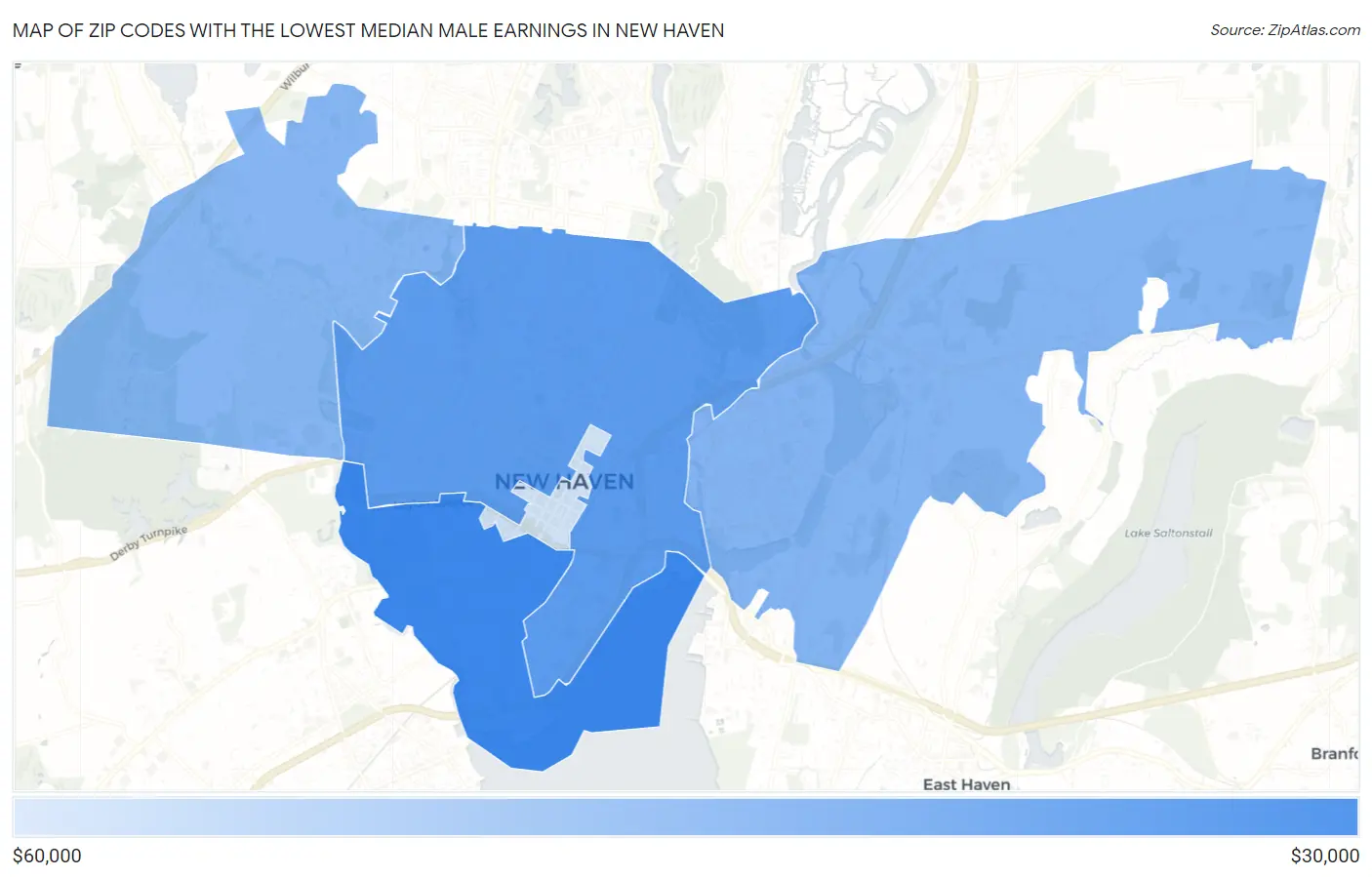 Zip Codes with the Lowest Median Male Earnings in New Haven Map