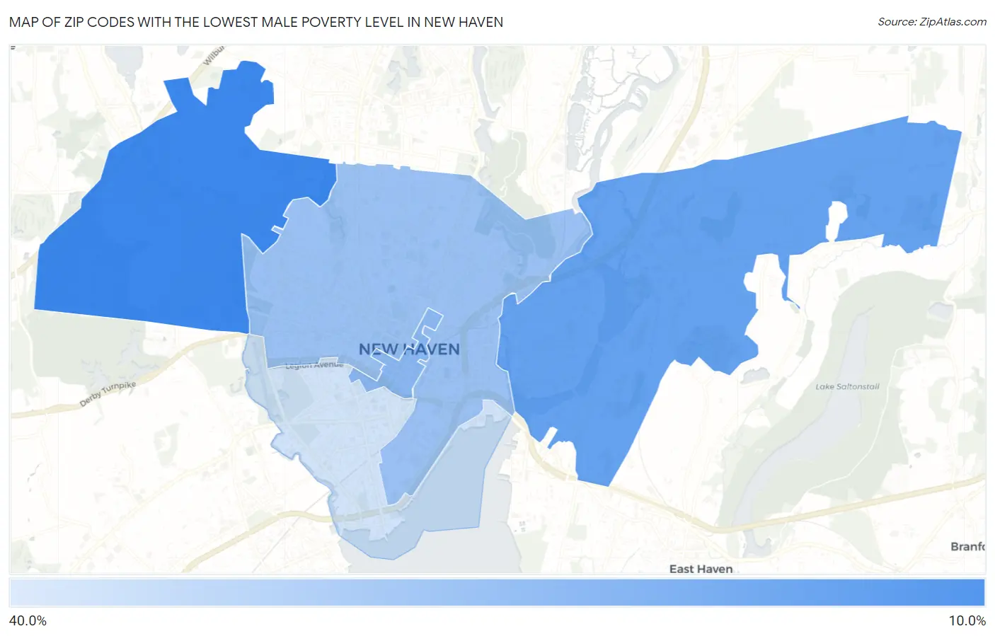 Zip Codes with the Lowest Male Poverty Level in New Haven Map