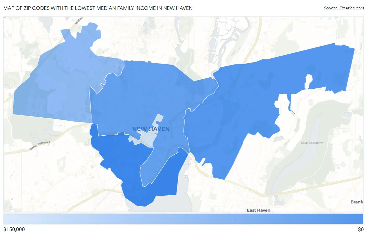 Zip Codes with the Lowest Median Family Income in New Haven Map