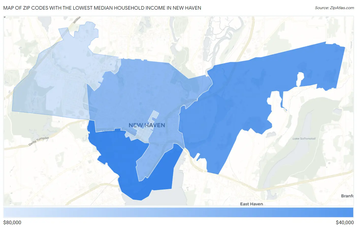 Zip Codes with the Lowest Median Household Income in New Haven Map