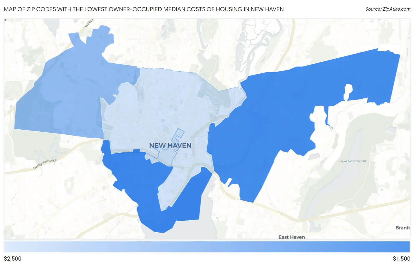 Zip Codes with the Lowest Owner-Occupied Median Costs of Housing in New Haven Map