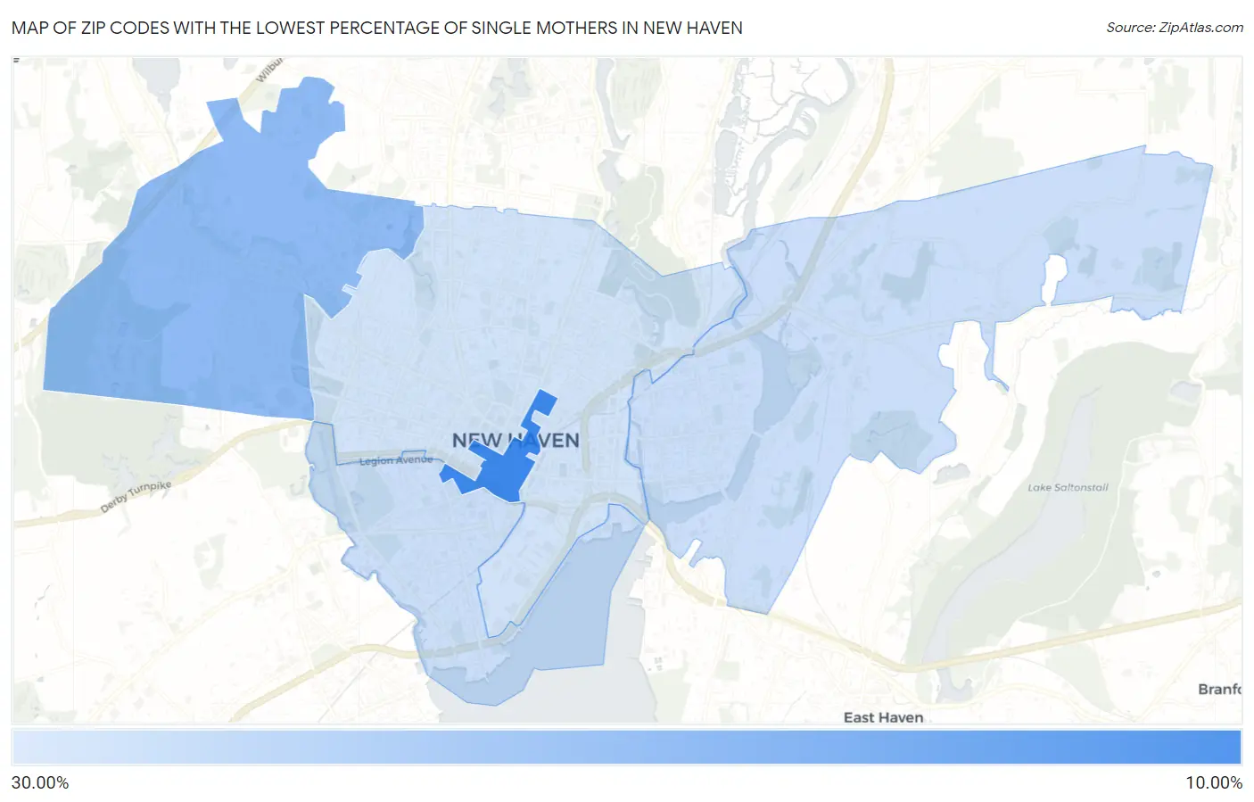 Zip Codes with the Lowest Percentage of Single Mothers in New Haven Map