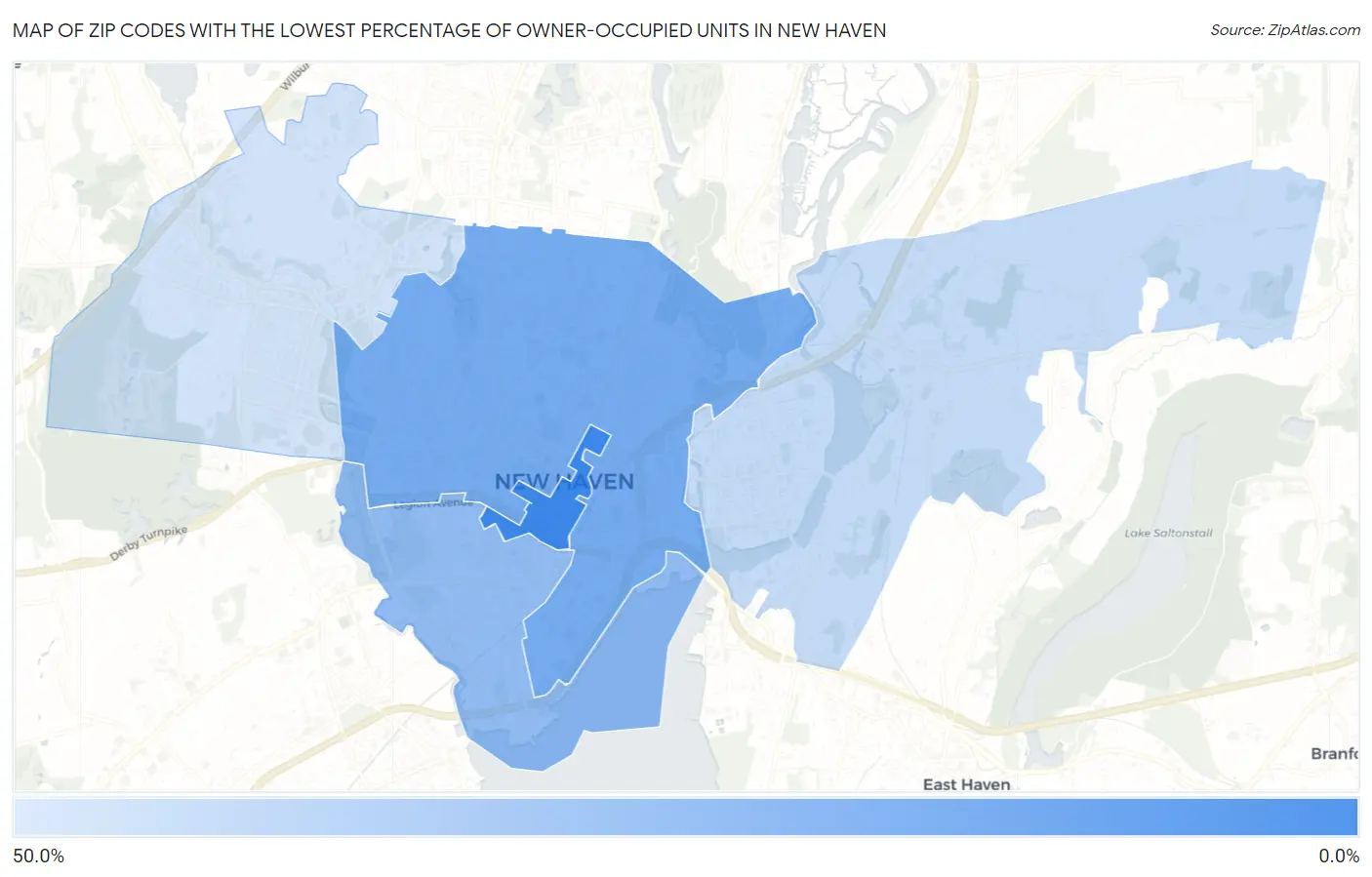 Zip Codes with the Lowest Percentage of Owner-Occupied Units in New Haven Map