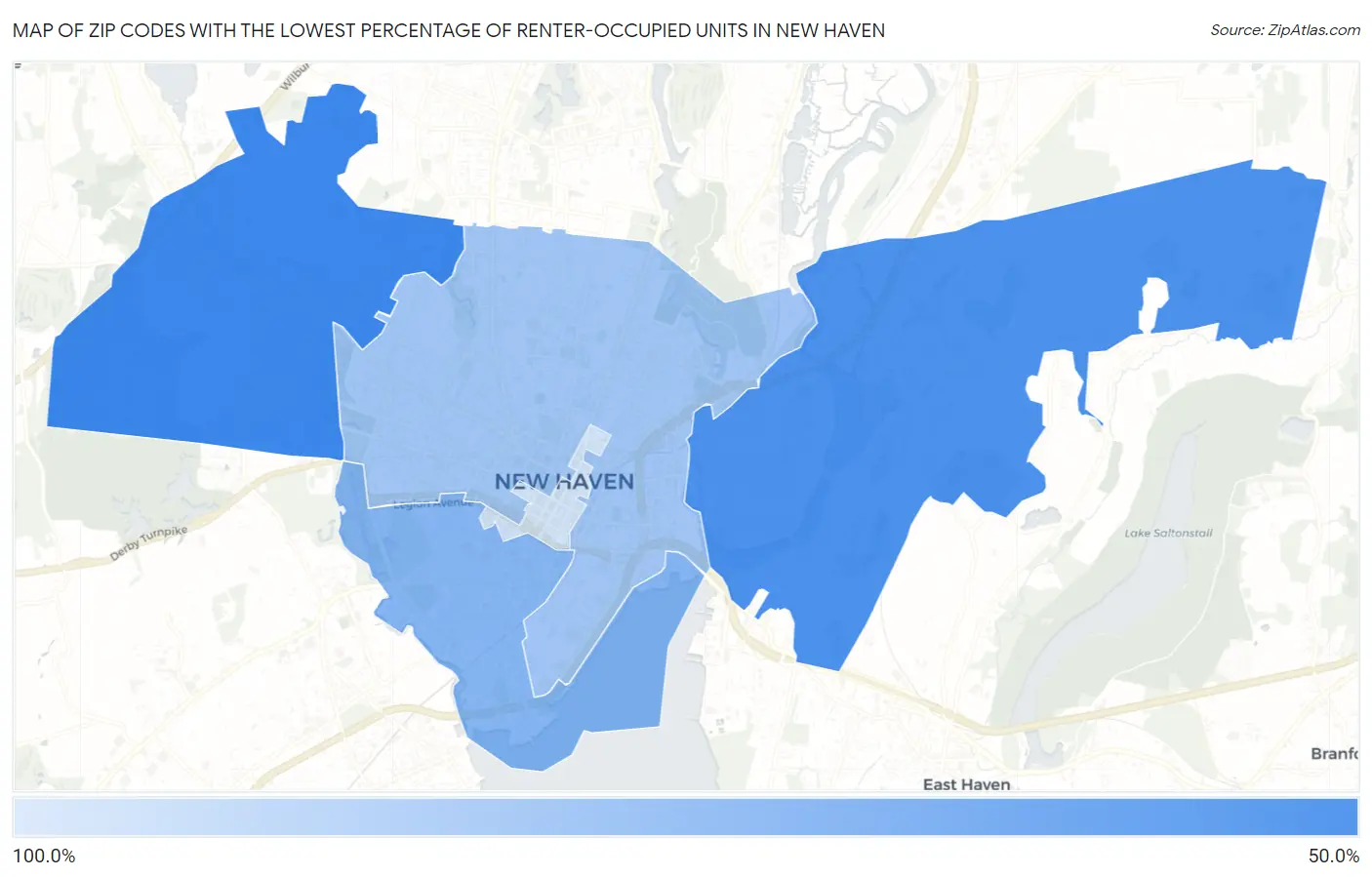 Zip Codes with the Lowest Percentage of Renter-Occupied Units in New Haven Map