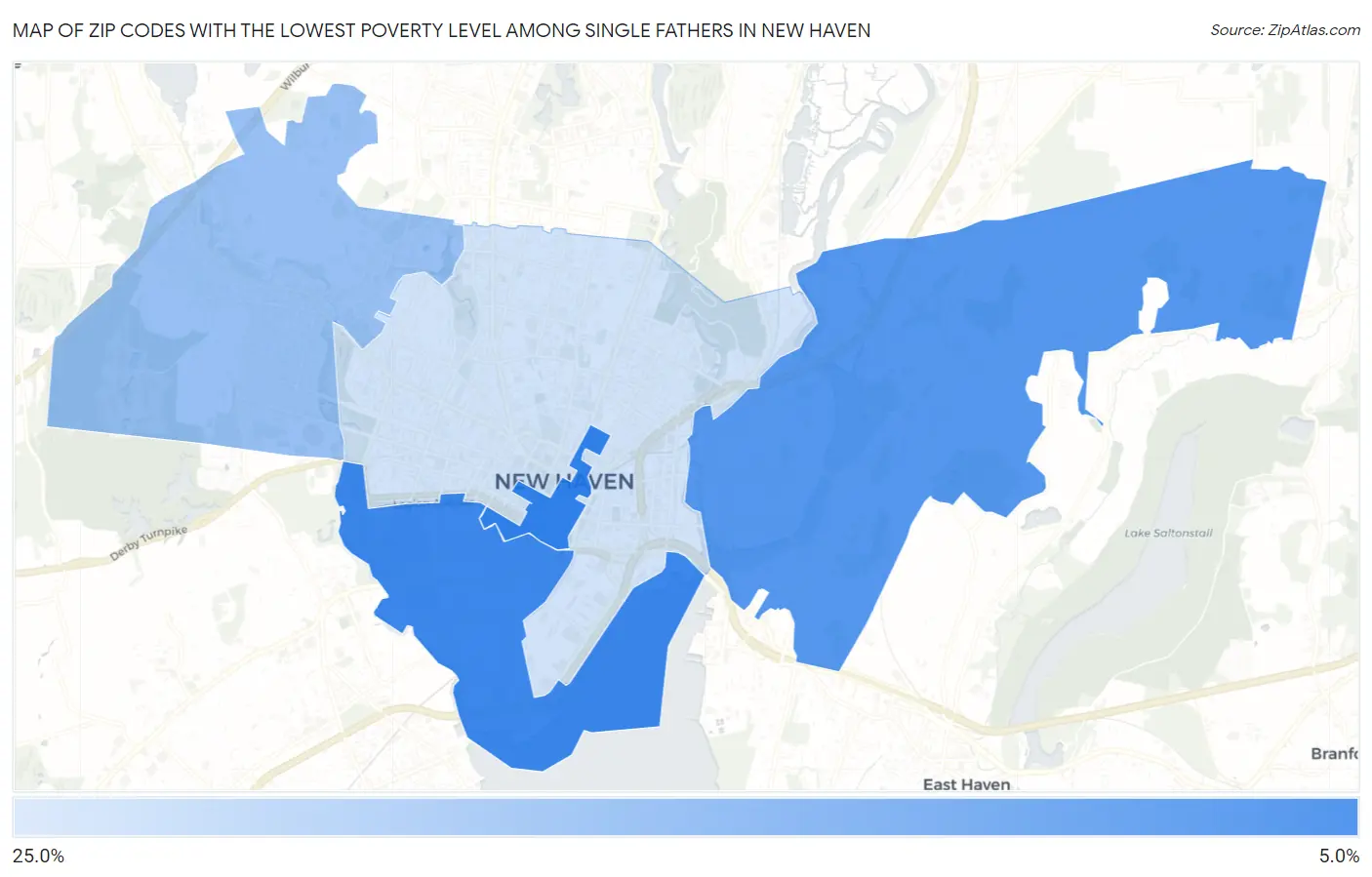 Zip Codes with the Lowest Poverty Level Among Single Fathers in New Haven Map