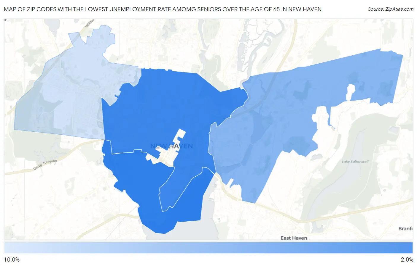 Zip Codes with the Lowest Unemployment Rate Amomg Seniors Over the Age of 65 in New Haven Map