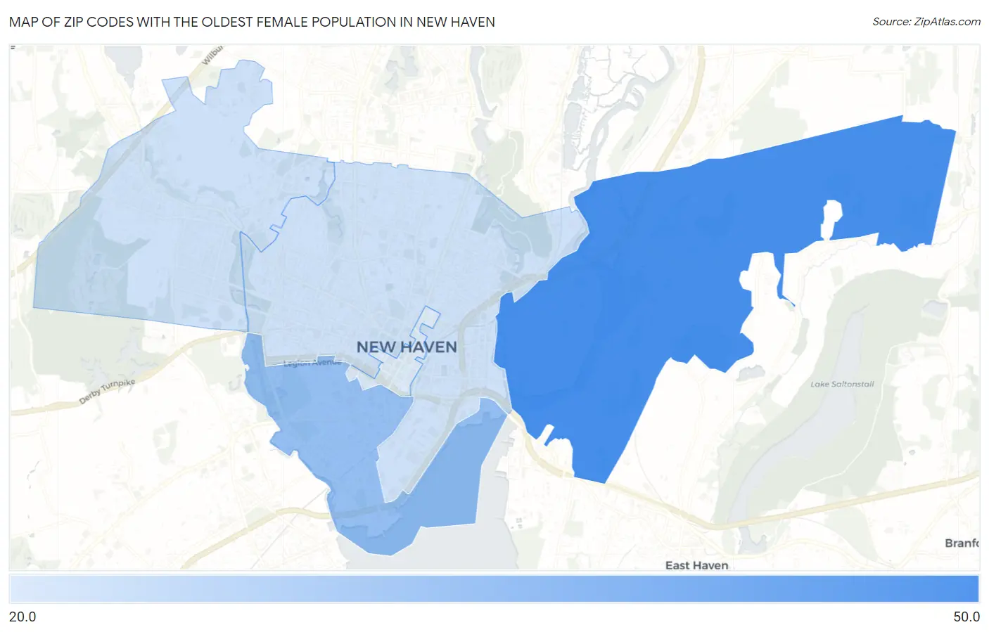 Zip Codes with the Oldest Female Population in New Haven Map