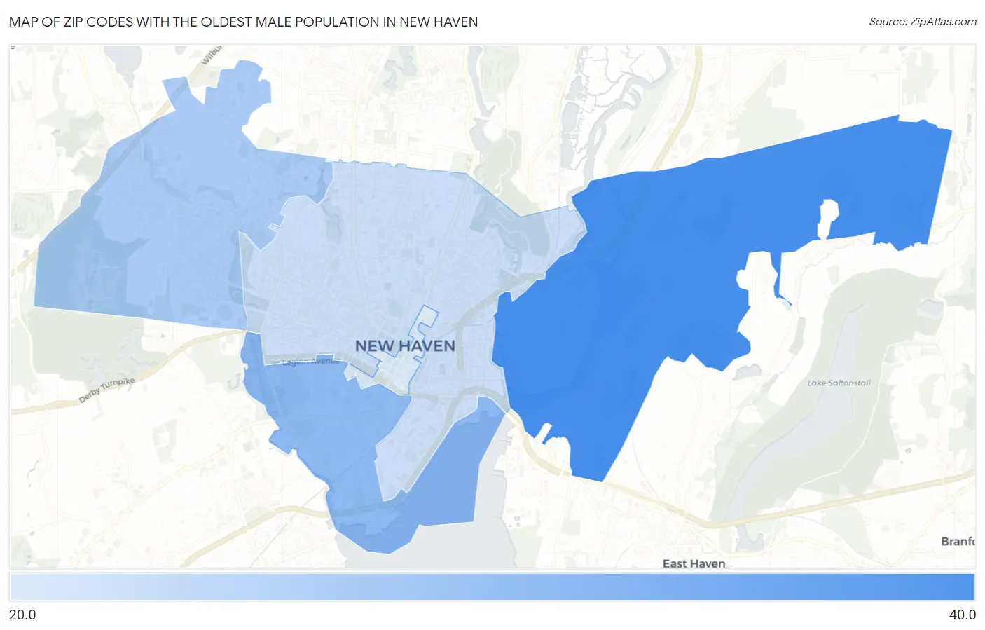 Zip Codes with the Oldest Male Population in New Haven Map