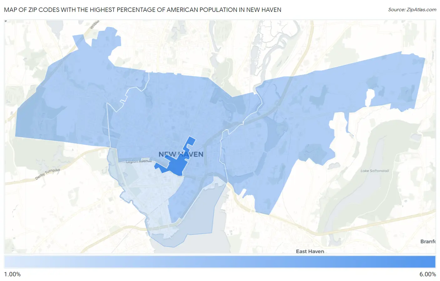 Zip Codes with the Highest Percentage of American Population in New Haven Map