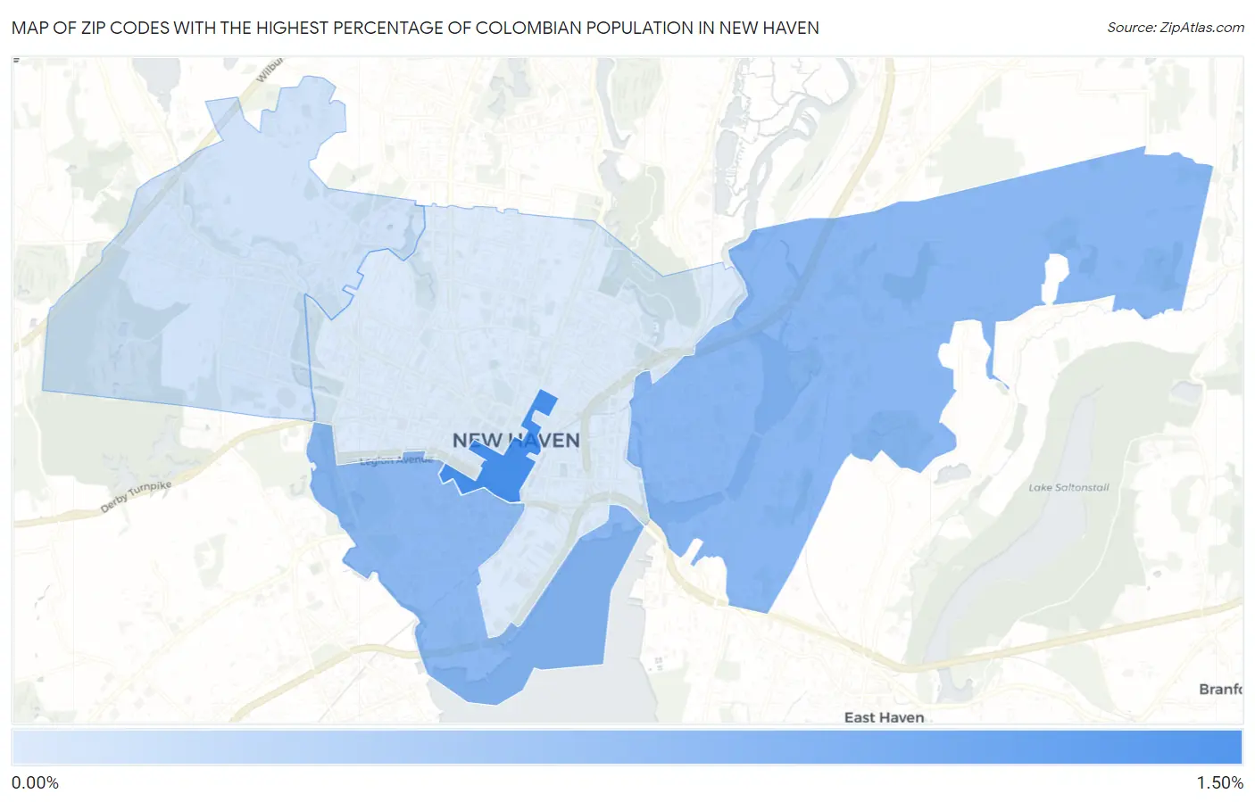 Zip Codes with the Highest Percentage of Colombian Population in New Haven Map