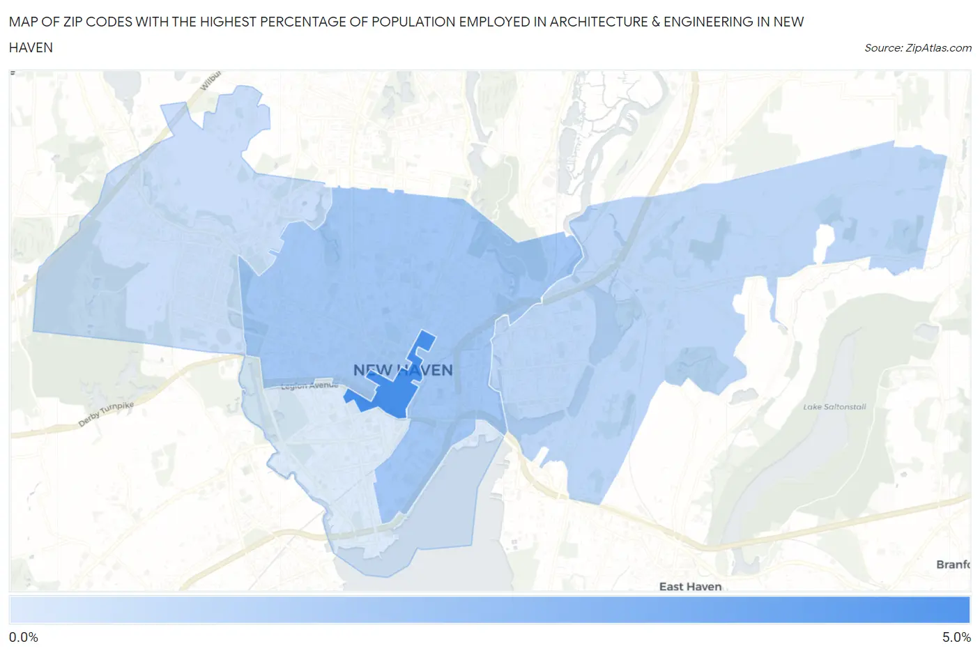 Zip Codes with the Highest Percentage of Population Employed in Architecture & Engineering in New Haven Map