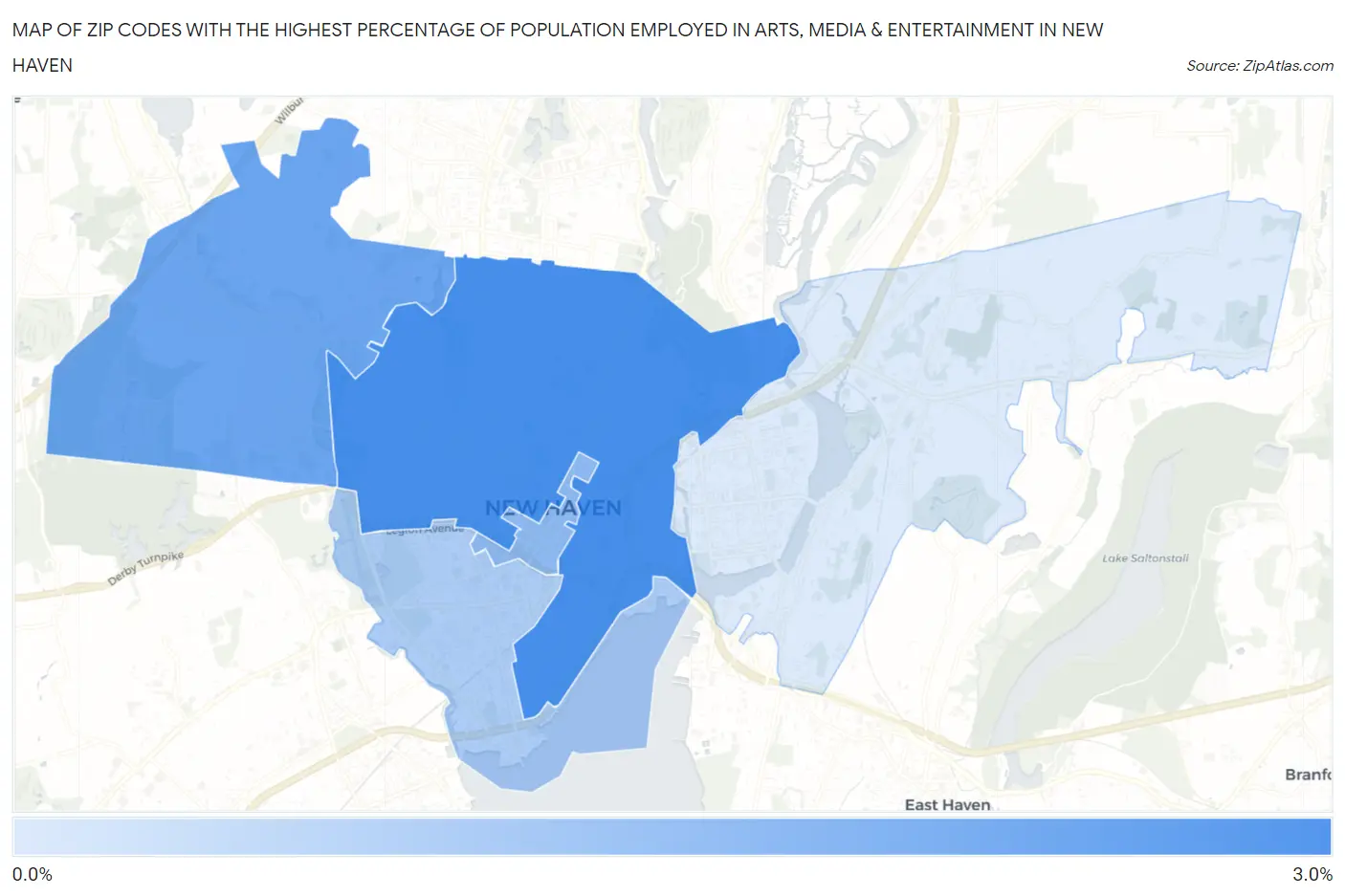 Zip Codes with the Highest Percentage of Population Employed in Arts, Media & Entertainment in New Haven Map