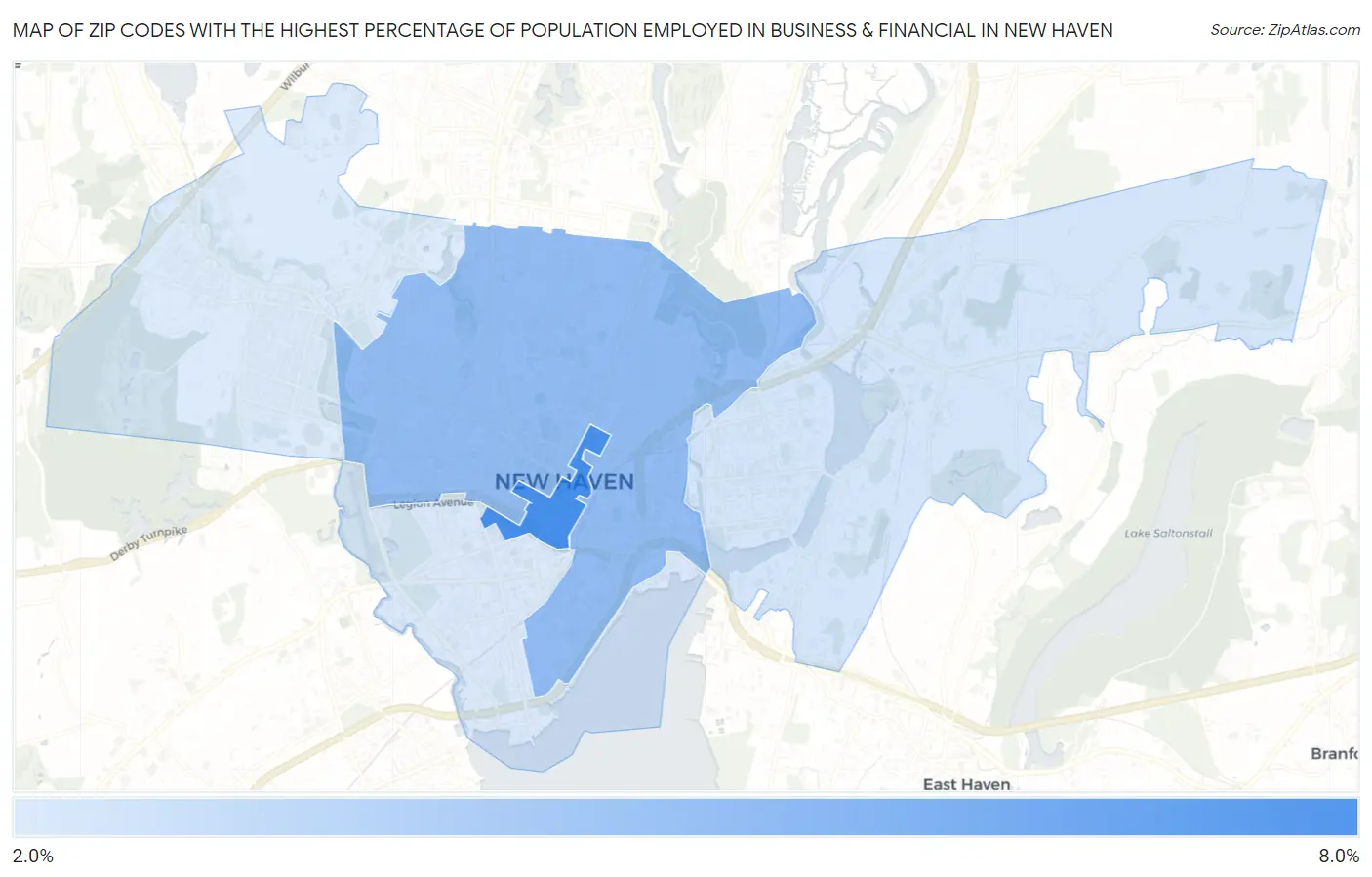 Zip Codes with the Highest Percentage of Population Employed in Business & Financial in New Haven Map