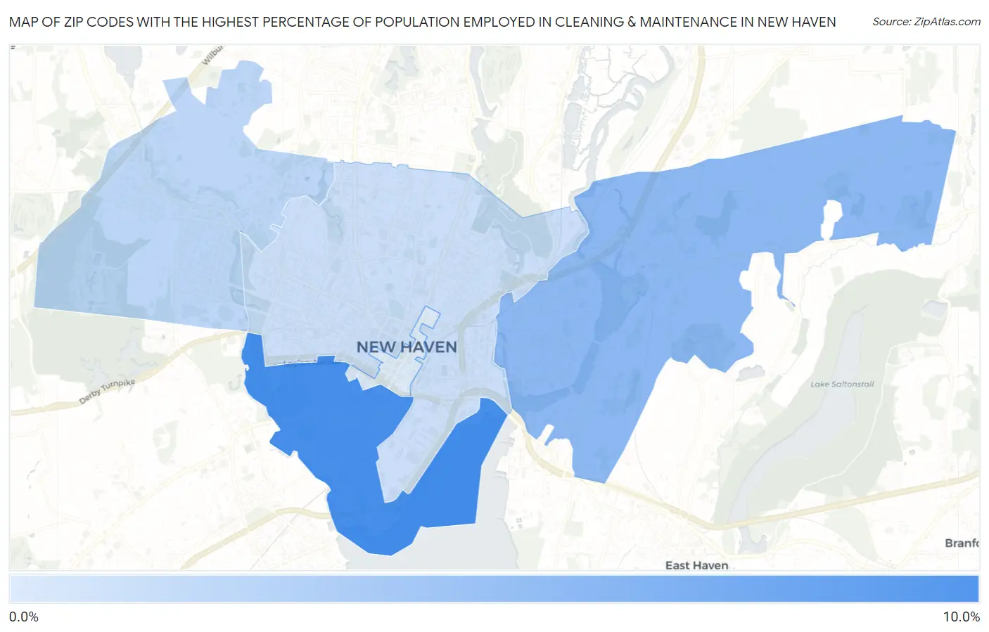 Zip Codes with the Highest Percentage of Population Employed in Cleaning & Maintenance in New Haven Map
