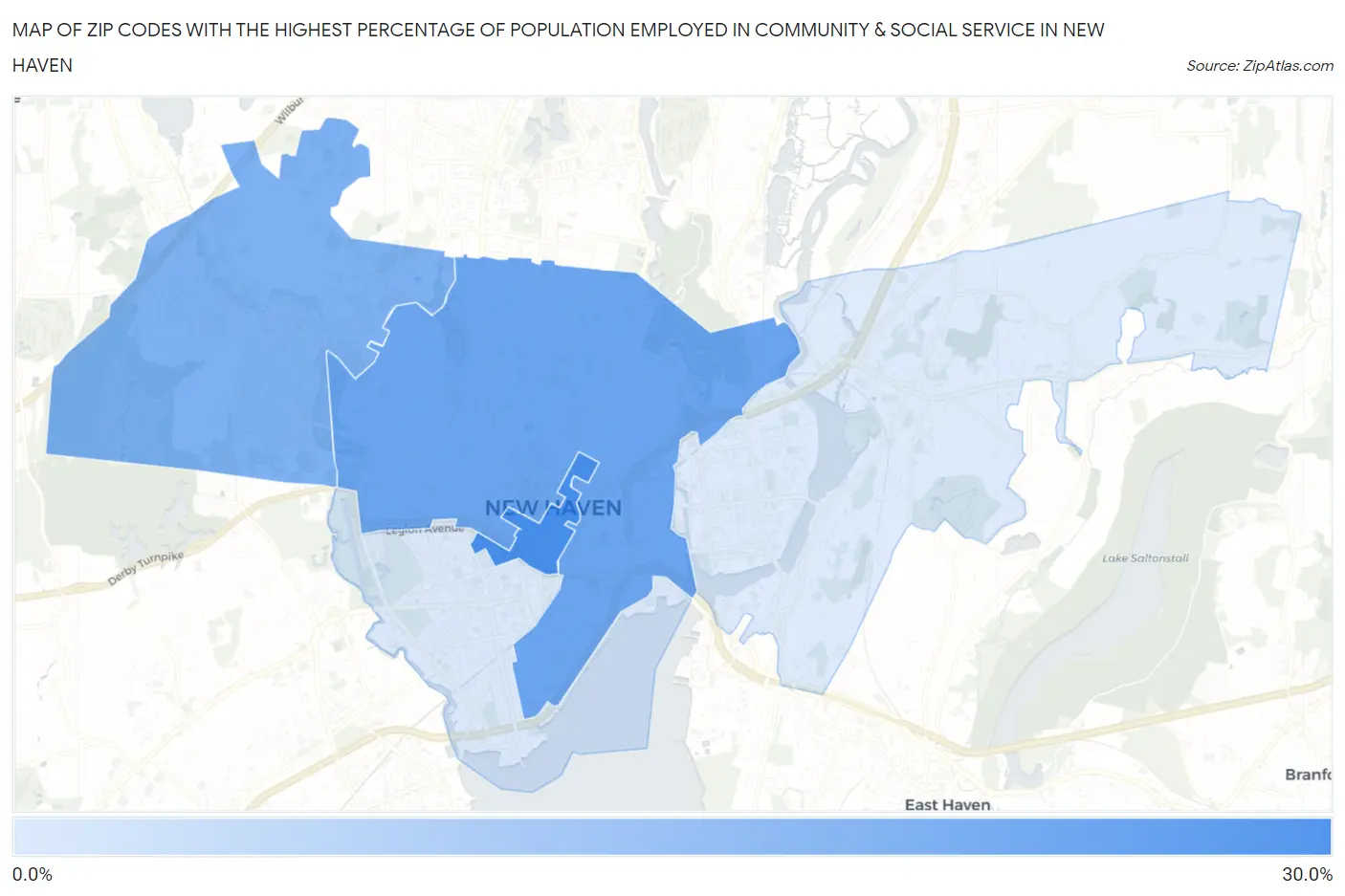 Zip Codes with the Highest Percentage of Population Employed in Community & Social Service  in New Haven Map