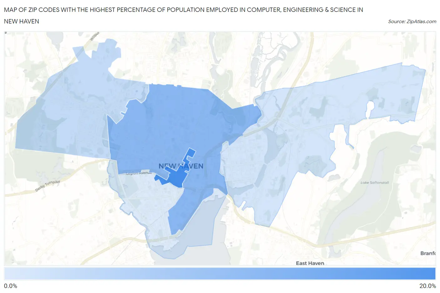 Zip Codes with the Highest Percentage of Population Employed in Computer, Engineering & Science in New Haven Map