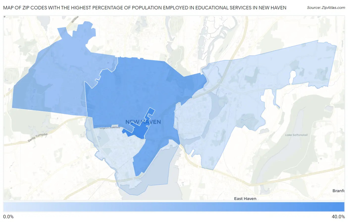 Zip Codes with the Highest Percentage of Population Employed in Educational Services in New Haven Map