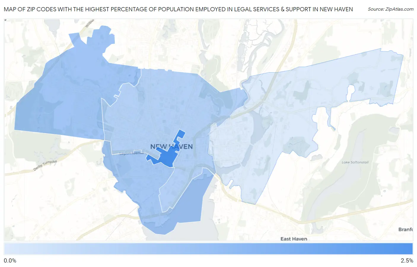 Zip Codes with the Highest Percentage of Population Employed in Legal Services & Support in New Haven Map