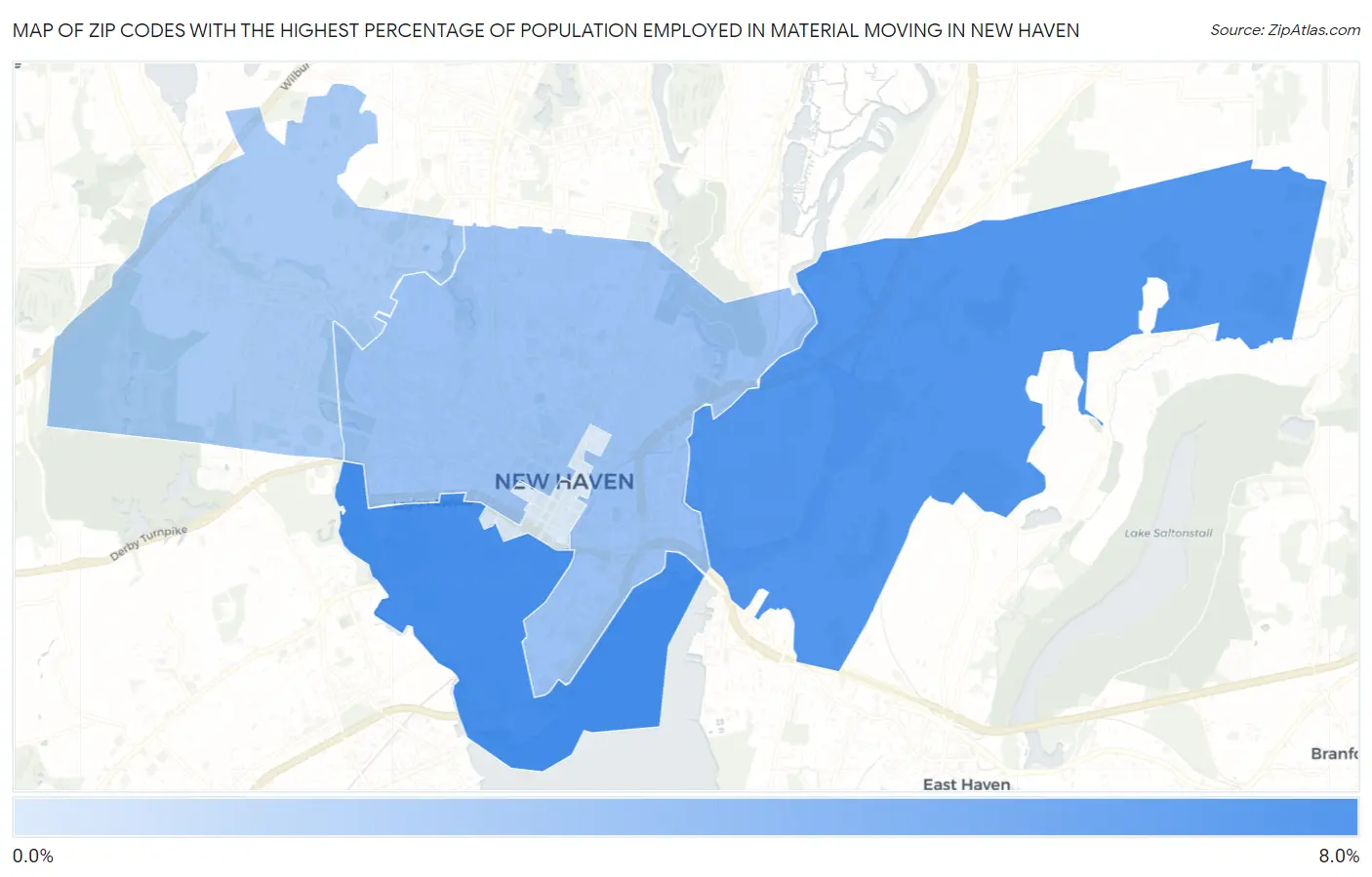Zip Codes with the Highest Percentage of Population Employed in Material Moving in New Haven Map