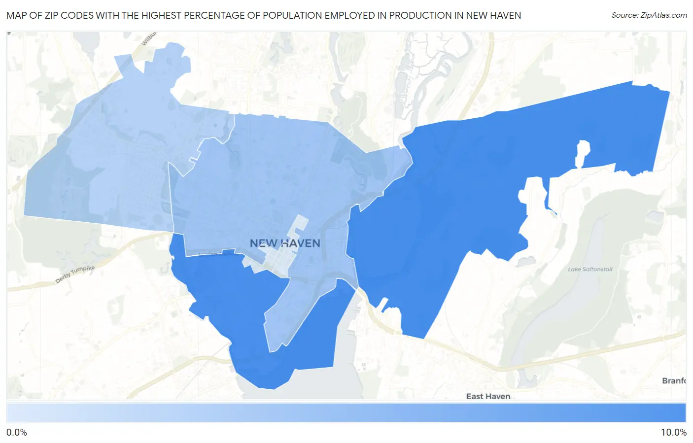 Zip Codes with the Highest Percentage of Population Employed in Production in New Haven Map